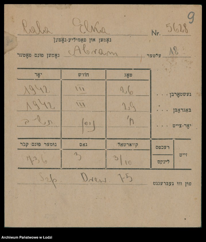 Obraz 10 z jednostki "Kartoteka osób pochowanych na cmentarzu żydowskim przy ulicy Brackiej w latach 1892-1954. Nazwiska na litery: Ca-Choros"