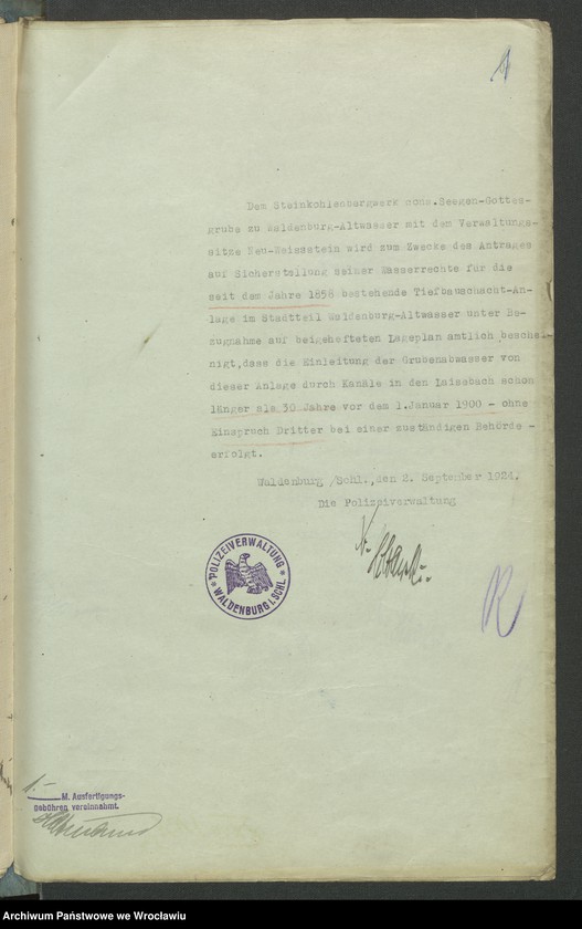 image.from.unit.number "Antrag auf Sicherstellung hilfsw. Verleihung u. Wasserrechten und deren Eintragung in das Wasserbuch für das Steinkohlenbergwerk Cons. Seegen-Gottes-Grube zu Altwasser Kr. Waldenburg i. Schl. Tiefbau-Schacht-Anlage I+II"