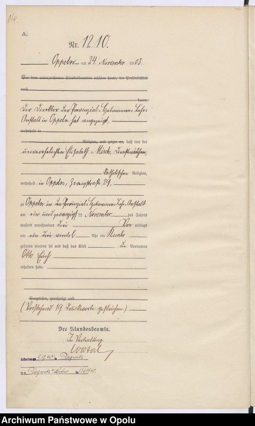 Obraz 20 z jednostki "Urząd Stanu Cywilnego w Opolu 1903 Rejestr Urodzeń Księga Miejscowa Nr 1196 do 1355"