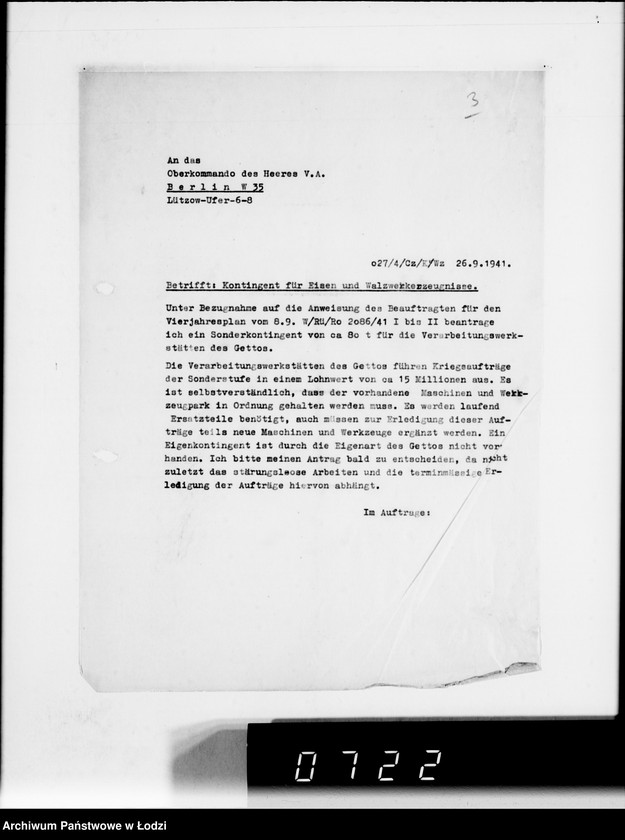 Obraz 7 z jednostki "Rüstungsinspektion des Wehrkreises XXI Abt.Verwaltung.[Korespondencja w sprawie przydziału żelaza]"