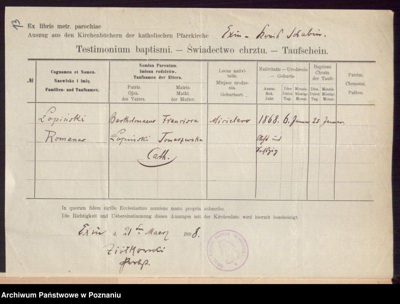 Obraz 15 z jednostki "Die von den Verlobten beigebrachten Urkunden zur Eheschliessung pro 1898"