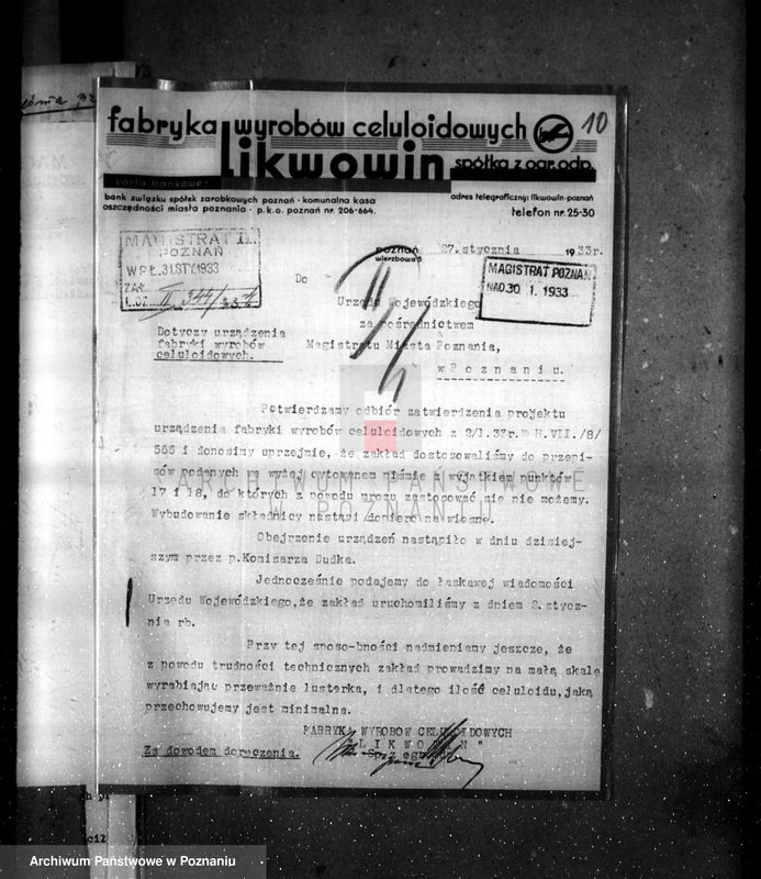 image.from.unit.number "Zatwierdzenie wytwórni z celuloidu Firmy "Likwowin" w Poznaniu nr 566"