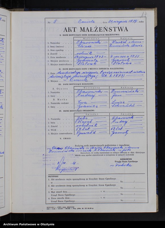 Obraz 19 z jednostki "Księga małżeństw Nr 1 - 12,1 - 9,1 - 15,1 - 12,1 - 17 i 1 - 15 /brak lat 1880 - 1882/ /przepisana w języku polskim z oryginału niemieckiego w dniach 8.10.-11.10.1961/"