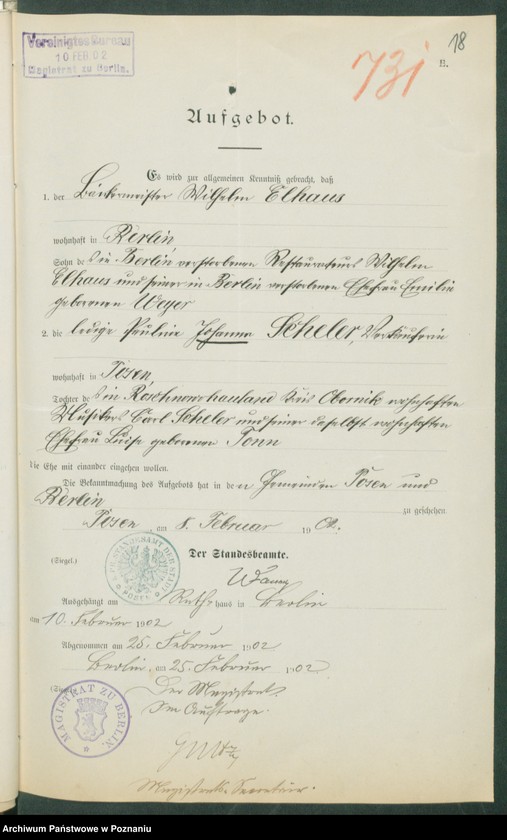 Obraz 20 z jednostki "[Dokumenty dostarczone przez narzeczonych do zawarcia związku małżeńskiego za 1902 rok. Tom IV]"