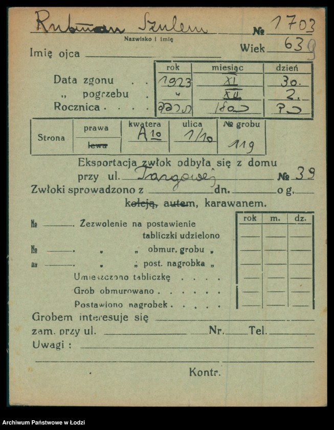 Obraz 10 z jednostki "Kartoteka osób pochowanych na cmentarzu żydowskim przy ulicy Brackiej w latach 1892-1956. Nazwiska na litery: Rubl-Rz"
