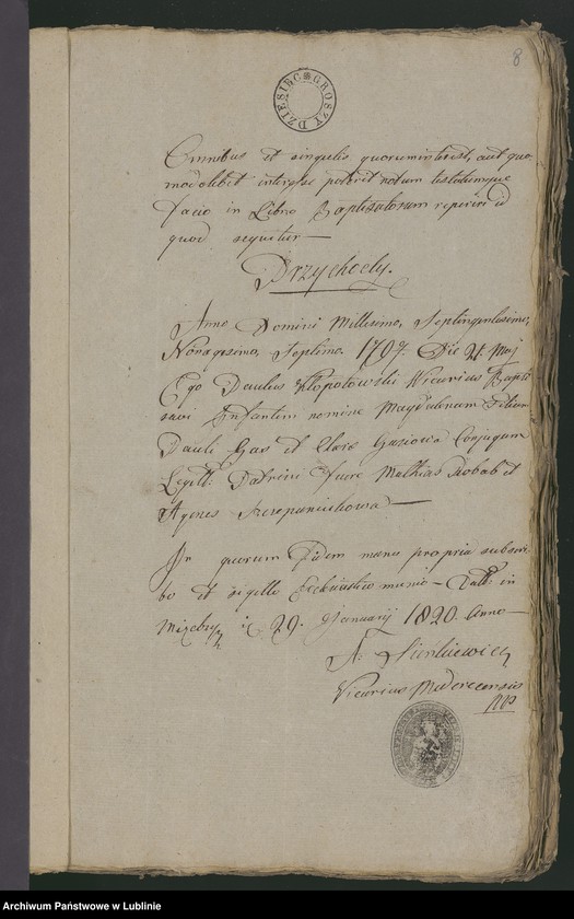 Obraz 8 z jednostki "Alegaty do księgi urodzeń, zapowiedzi, małżeństw i zgonów z 1820 r."