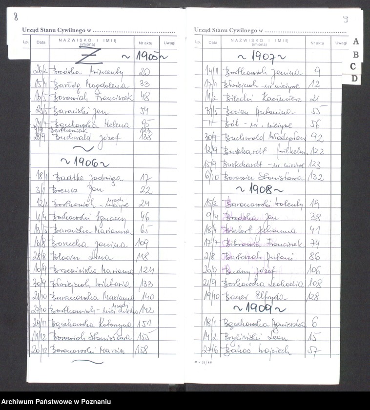 Obraz 8 z jednostki "[Skorowidz alfabetyczny do akt małżeństw i zgonów] za lata 1905-1912]"