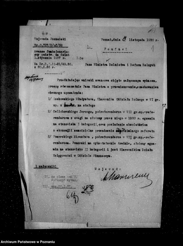 Obraz 6 z jednostki "/Awanse pracowników Urzędu Wojewódzkiego Poznańskiego w roku 1937/"