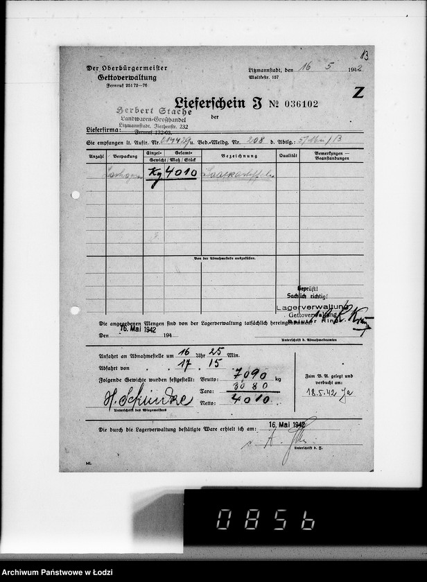 Obraz 17 z jednostki "Aufträge [Lieferscheinen und Rechnungen] 14370-14430 [Dostawy artykułów pierwszej potrzeby do Getta]"