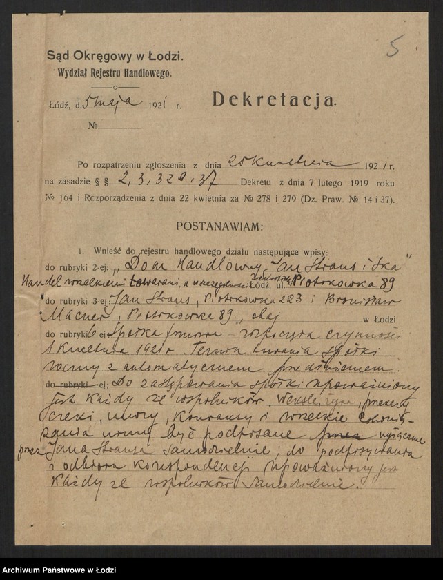 Obraz 7 z jednostki "Jan Strauss, Bronisław Macner - Dom Handlowy Jan Strauss i S-ka - handel wszelkimi towarami, a w szczególności ziemiopłodami"