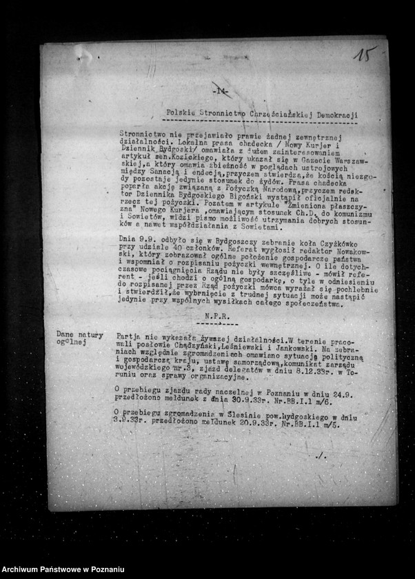 Obraz 19 z jednostki "Sprawozdanie miesięczne sytuacyjne z legalnego ruchu politycznego za miesiące wrzesień-grudzień 1933 r."