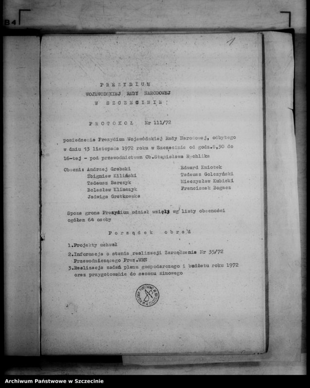 image.from.unit.number "Protokół posiedzenia Prezydium Wojewódzkiej Rady Narodowej  nr 111, miesiąc listopad"