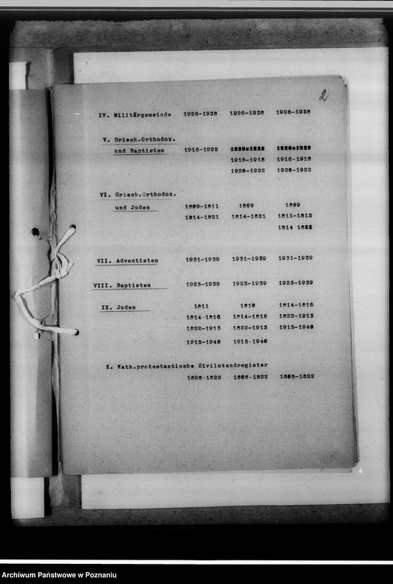 Obraz 6 z jednostki "I. Bücher evangelischer Gemeinden; II. Bücher katholischer Gemeinden: 1. Gotthard-Kirche, 2. Marienkirche, 3. Nikolauskirche; III. Bücher griechisch-orthodox. Gemeinden: 1. Peter-Paulus-Kirche, 2. Ukrainische Kirche; IV. Militärgemeinde; V. Griech.Orthodox. und Baptisten; VI. Griech.Orthodox. und Juden; VII. Adventisten; VIII. Baptisten; IX. Juden; X. Kathol.-protestantische Zivilstandsregister Kalisch-Stadt [z terenu miast Kalisza]. Mikr.074979. Brak datacji, podano daty skrajne zesp."