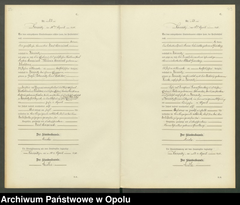 Obraz 14 z jednostki "Sterbe-Register (Neben-Register) Standesamt Koppitz 1911 No. 1 bis 72"