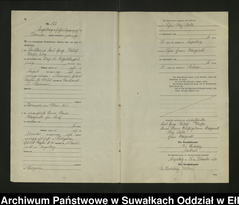 image.from.unit.number "[Heirats - Register (Neben - Register) Standesamt Angerburg einschl. der Bezirke, Gr. Strengeln, Prinowen und Kehlen Kreis Angerburg] No 116 bis 129"