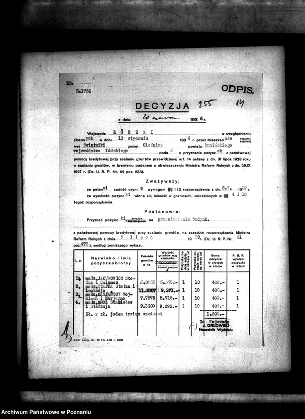 Obraz 17 z jednostki "Sprawa przyznania pomocy kredytowej uczestnikom scalenia gruntów wsi Świętniki powiatu konińskiego"