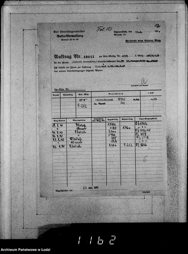 Obraz 16 z jednostki "Erledigte Aufträge von 10000-10999 [Zrealizowane zamówienia na produkty żywnościowe, oleje i inne towary dla Getta]"