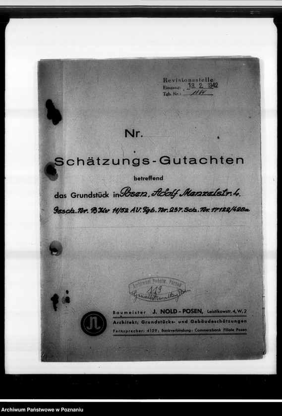Obraz 4 z jednostki "Schätzungs-Gutachten betreffend das Grundstück in Posen, Adolf Memelstrasse 4."