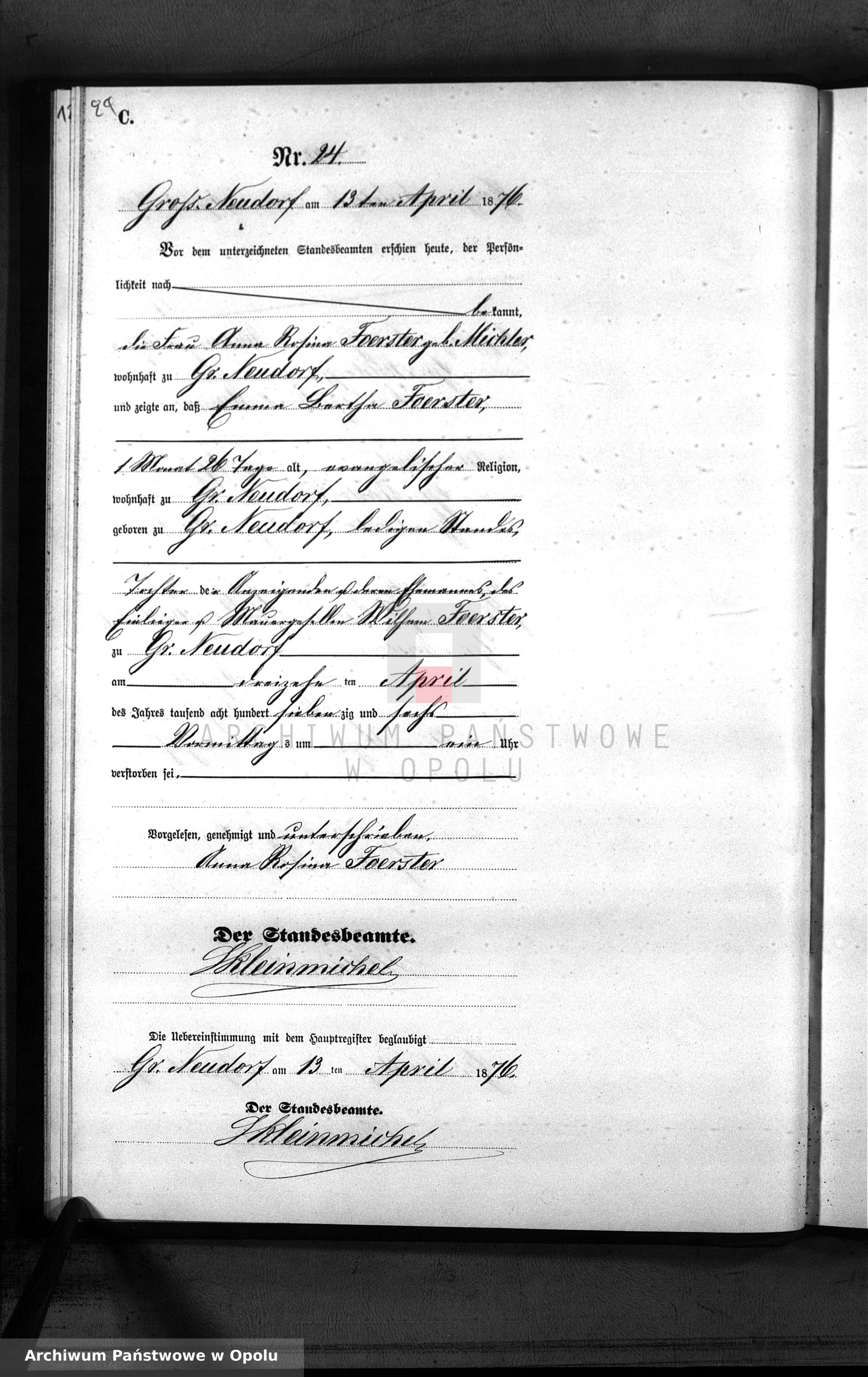 Skan z jednostki: Sterbe-Neben-Register Standesamt Gross Neudorf 1876