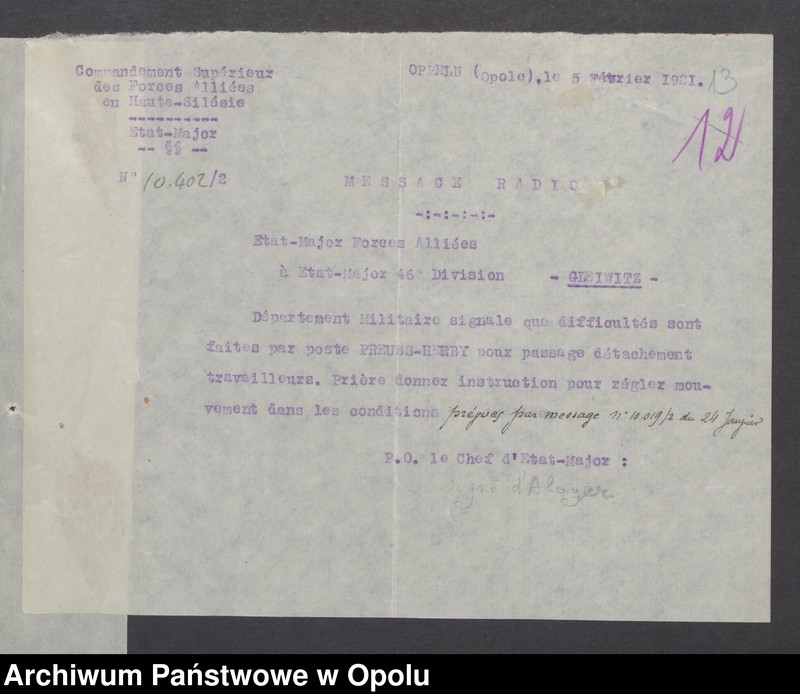 Obraz 15 z jednostki "Sorties /Korespondencja własna wychodząca - pisma, zarządzenia/ 1.02.1921 - 14.04.1921"