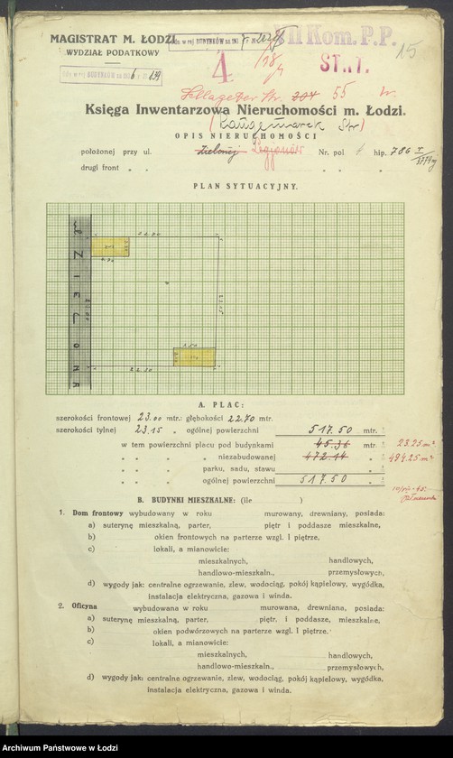Obraz 17 z jednostki "Księga inwentarzowa nieruchomości m. Łodzi ul. Legionów"