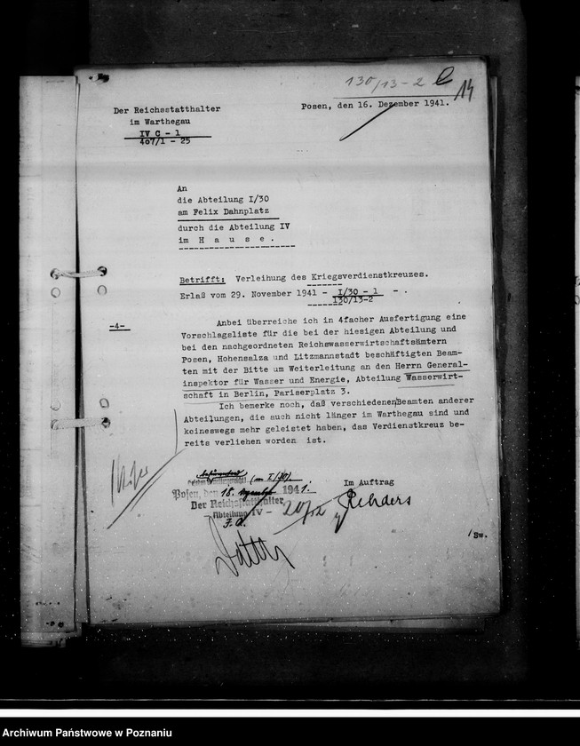 Obraz 19 z jednostki "Kriegsverdienst - Auszeichnungen- Vorschläge der Wasserwirtschaftsverwaltung"