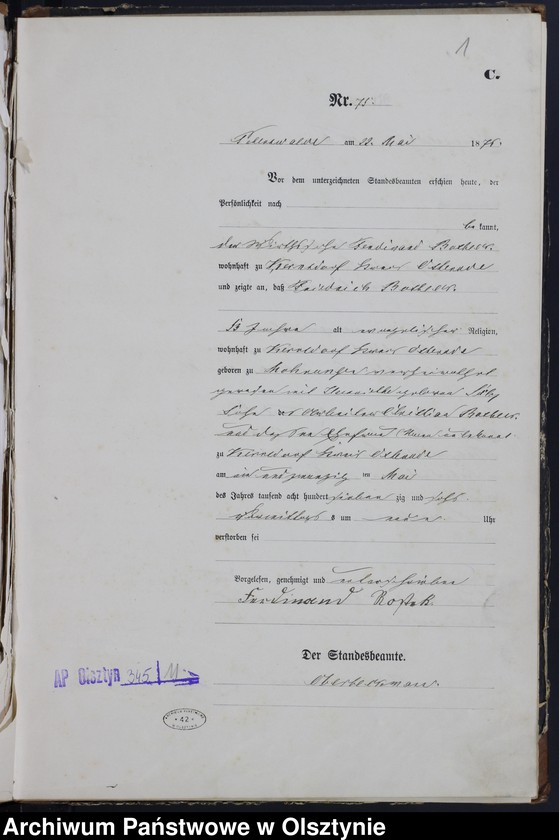 image.from.unit.number "Sterbe-Haupt-Register Tom I,Nr 75 - 140"