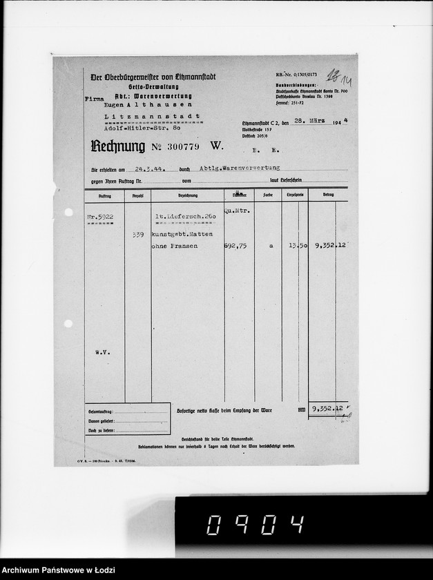 Obraz 18 z jednostki "Auftrag 592 Warenverwertung von den Judenältesten für Eugen Althausen Litzmannstadt"