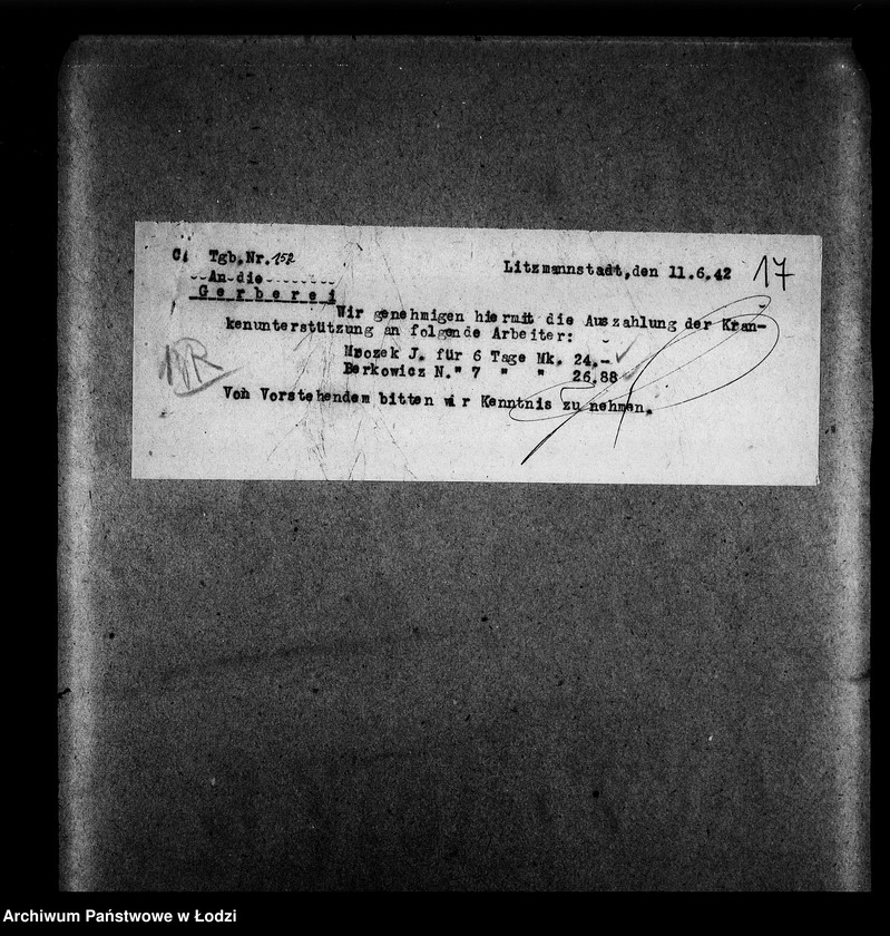 Obraz 20 z jednostki "Gerberei Abteilung [Zasiłki chorobowe dla pracowników wydziału, zaświadczenia lekarskie, listy pracowników]"