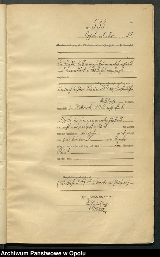 Obraz 19 z jednostki "Urząd Stanu Cywilnego Opole Księga Urodzeń Rok 1914 520-1033"