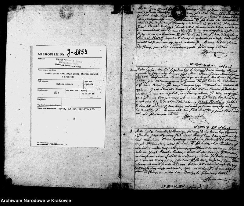 image.from.unit.number "Aktów Stanu Cywilnego Wpisy Zeyścia Osób Wyznania Moyżeszowego w Mieście Krakowie zmarłych obeymuiąca księga Isza na Rok 1847"