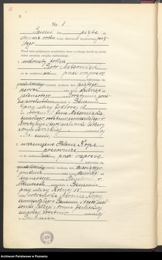 Obraz 17 z jednostki "Księga miejscowa małżeństw tom I [Rejestr główny małżeństw]"