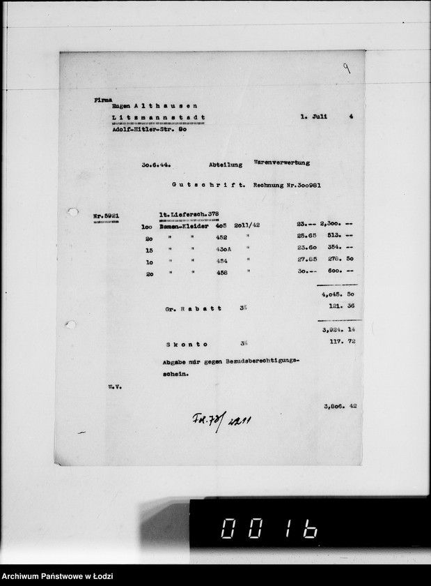 Obraz 14 z jednostki "Ausgehende Rechnungen [za dostawy towarów dla Getta]"