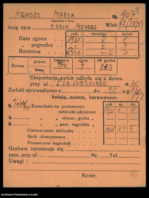 Obraz 10 z jednostki "Kartoteka osób pochowanych na cmentarzu żydowskim przy ulicy Brackiej w latach 1892-1955. Nazwiska na litery: Helmi-Hey"