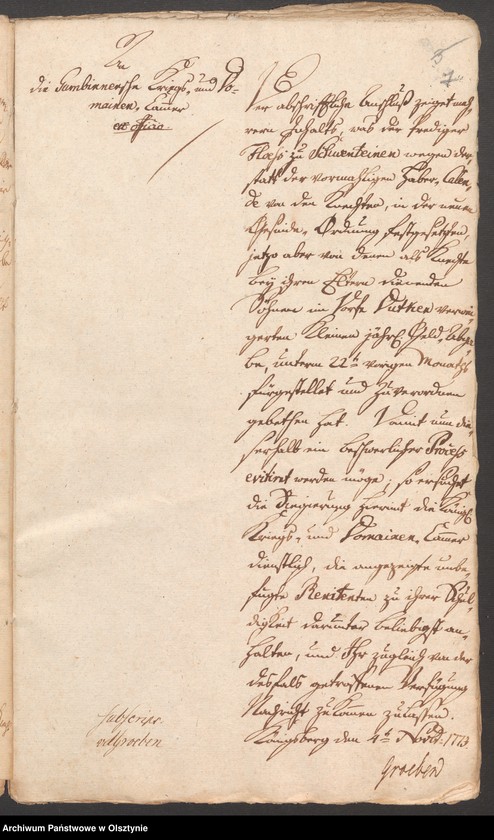 image.from.unit.number "In S. [Sachen] des Prediger Floeß in Schwentainen [Świętajno]. Wegen der Statt der vormahligen Haber„Calende von den Knechten in der neuen Gesinde Ordnung festgesetzten jezo aber von denen als Knechte bey ihren Eltern dienen, den Sohnen in Dorffe Dutcken [Dudki] verweigerten kleinen jährlichen Geld Abgabe"