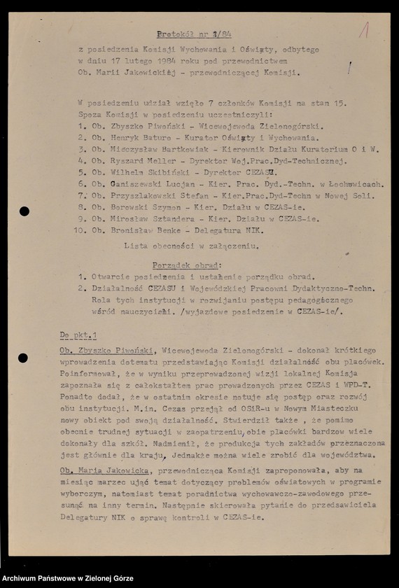 image.from.unit.number "Protokóły z posiedzeń Komisji Wychowania i Oświaty Wojewódzkiej Rady Narodowej w Zielonej Górze; Nr 1 - 2; 1 - 2"