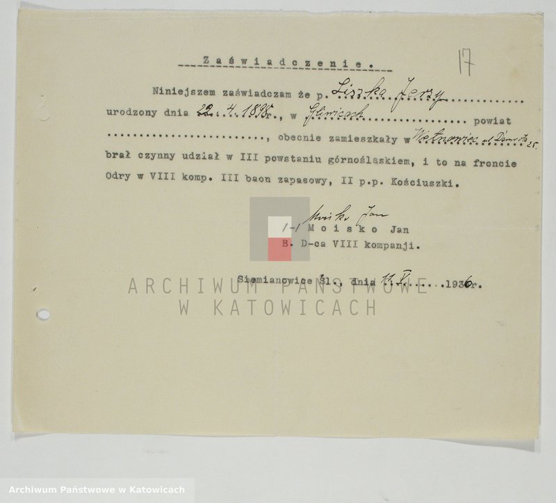Obraz 20 z jednostki "Zaświadczenia o udziale w powstaniach śląskich, t. II"