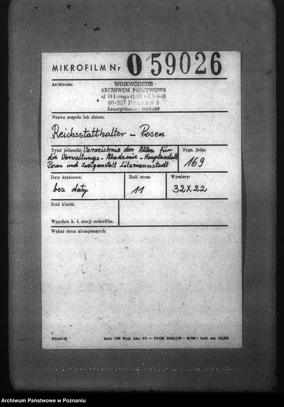 Obraz 2 z jednostki "Verzeichnis der Akten für die Verwaltungs- Akademie- Hauptanstalt Posen und Zweiganstalt Litzmannstadt"