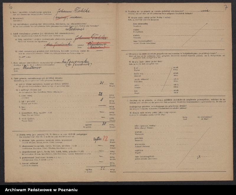 Obraz 7 z jednostki "[Kwestionariusze dotyczące stwierdzenia gruntów znajdujących się po polskiej stronie pogranicza a zarządzanych przez zamieszkałych po stronie niemieckiej] powiat chojnicki"