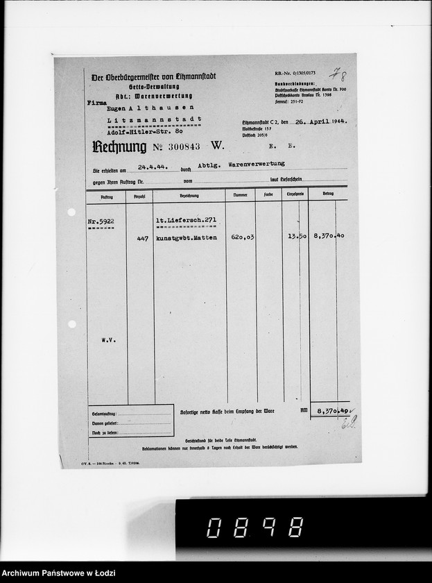 Obraz 12 z jednostki "Auftrag 592 Warenverwertung von den Judenältesten für Eugen Althausen Litzmannstadt"