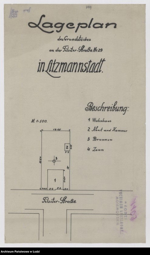 Obraz 1 z jednostki "Lageplan des Grundstückes an der Tilsiter Straße Nr 29 in Litzmannstadt Erzhausen"