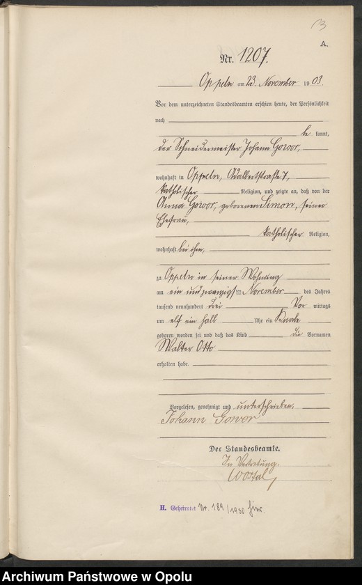 Obraz 17 z jednostki "Urząd Stanu Cywilnego w Opolu 1903 Rejestr Urodzeń Księga Miejscowa Nr 1196 do 1355"