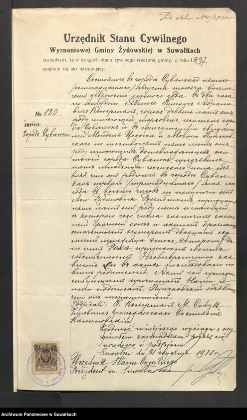 image.from.unit.number "Dowody do aktów ślubu Suwalskiego Okręgu Bożniczego 1930 rok"