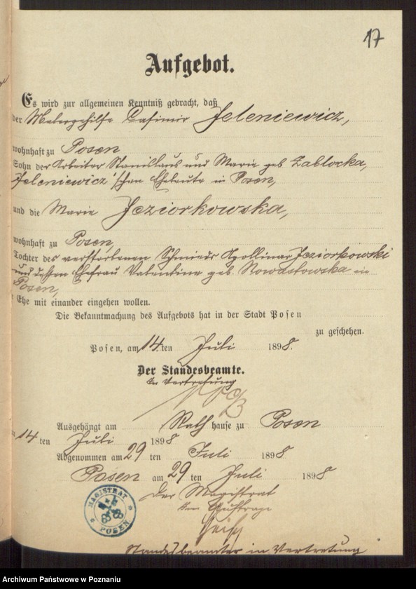 Obraz 19 z jednostki "Die von den Verlobten beigebrachten Urkunden zur Eheschliessung pro 1898"