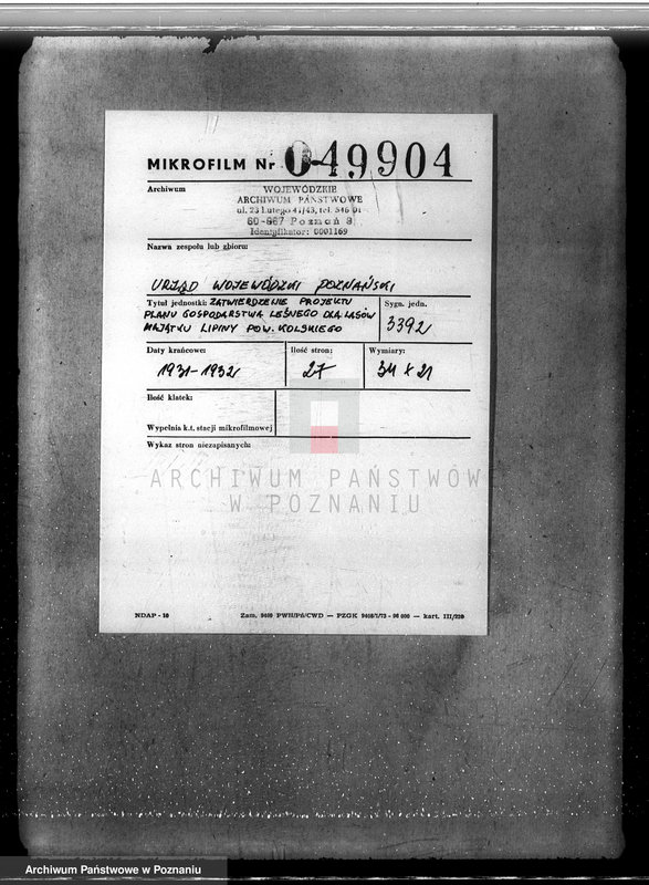 Obraz 2 z jednostki "Zatwierdzenie projektu planu gospodarstwa leśnego dla lasów majątku Lipiny powiatu kolskiego"