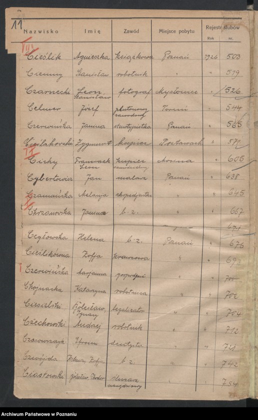 Obraz 13 z jednostki "Spis alfabetyczny małżeństw za 1926"