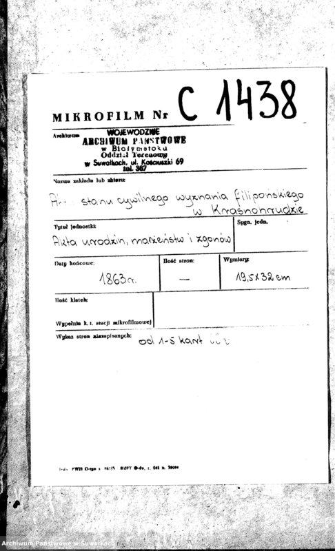 image.from.unit.number "Duplikat Urodzonych, Zaślubionych i Zmarłych Sekty Filiponów Okręgu Krasnohruda za rok 1863"