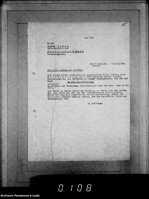 Obraz 19 z jednostki "J 2001-2020 [Wnioski Żydów z Getta o zwrot należności za towar wzięty na kredyt]"