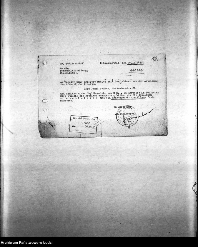 Obraz 15 z jednostki "[Korespondencja z wydziałami: Odzieży, Spraw Specjalnych, Centralnym Biurem Resortów Pracy, Ubezpieczeń, Próśb i Zażaleń oraz innymi w sprawach personalnych, zatrudnienia i płac] "