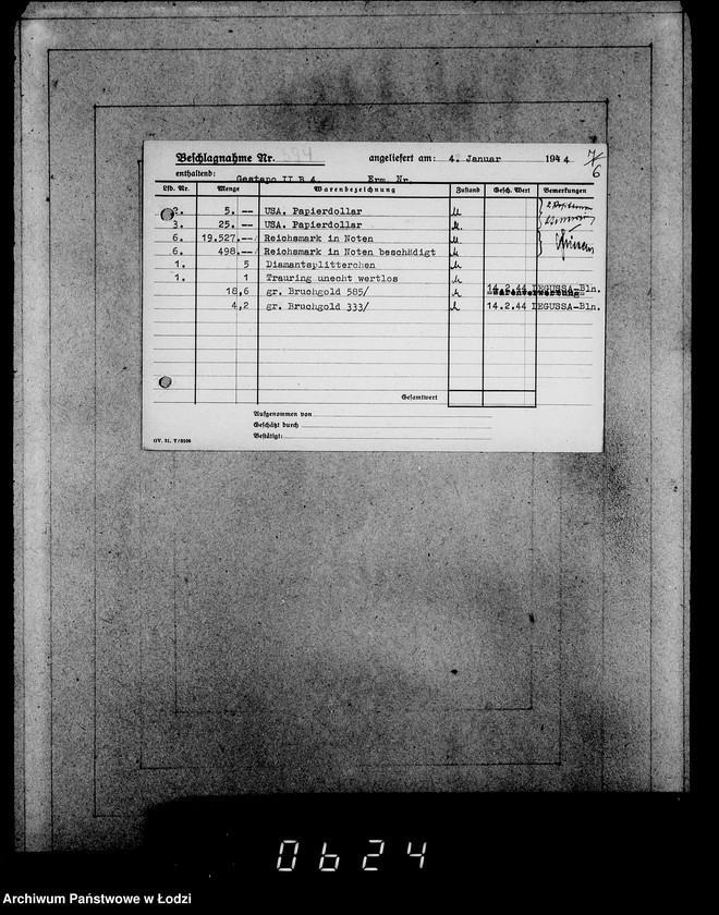 Obraz 10 z jednostki "Gestapo 200-400 [Kartoteka skonfiskowanego majątku ruchomego u Żydów]"